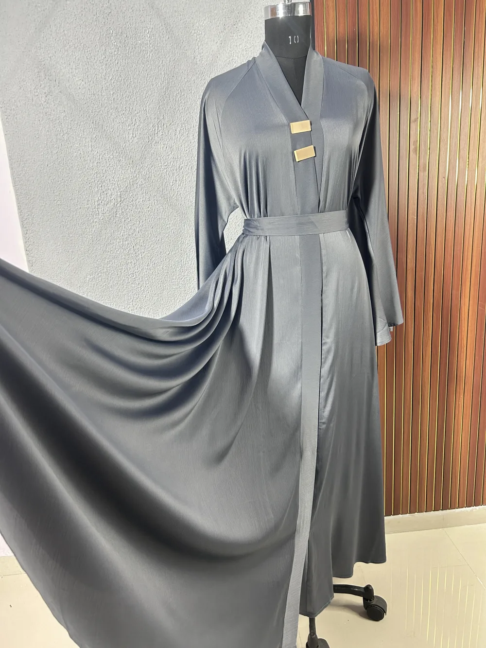 Slate Grey Satin Belted Abaya with Gold Bar Accents - Image 4 - Abaya Studio