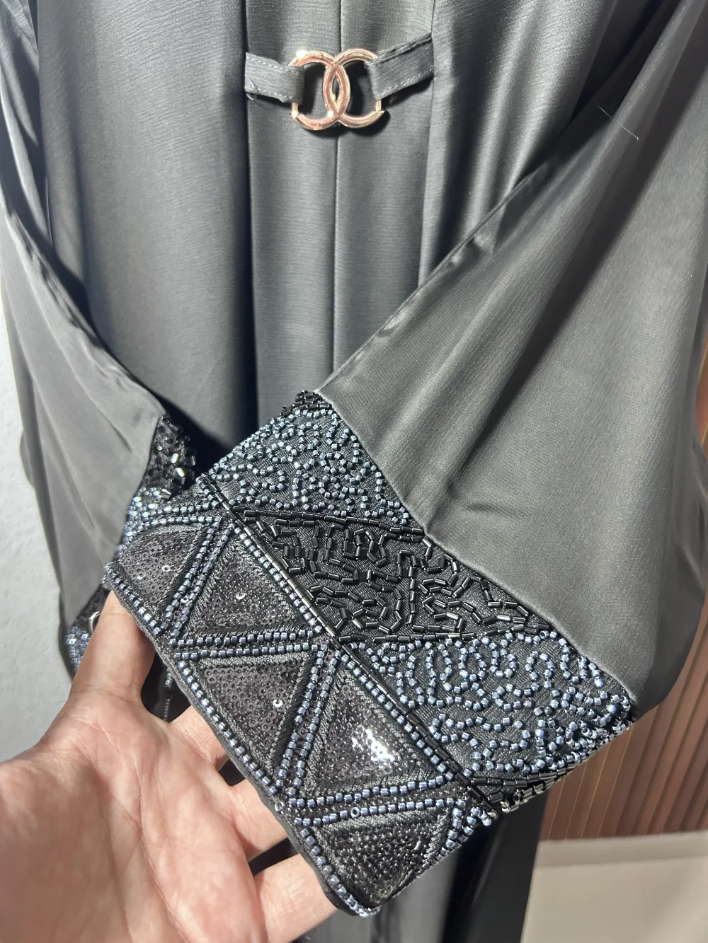 Noir Metallic Embellished Designer Abaya - Image 4 - Abaya Studio