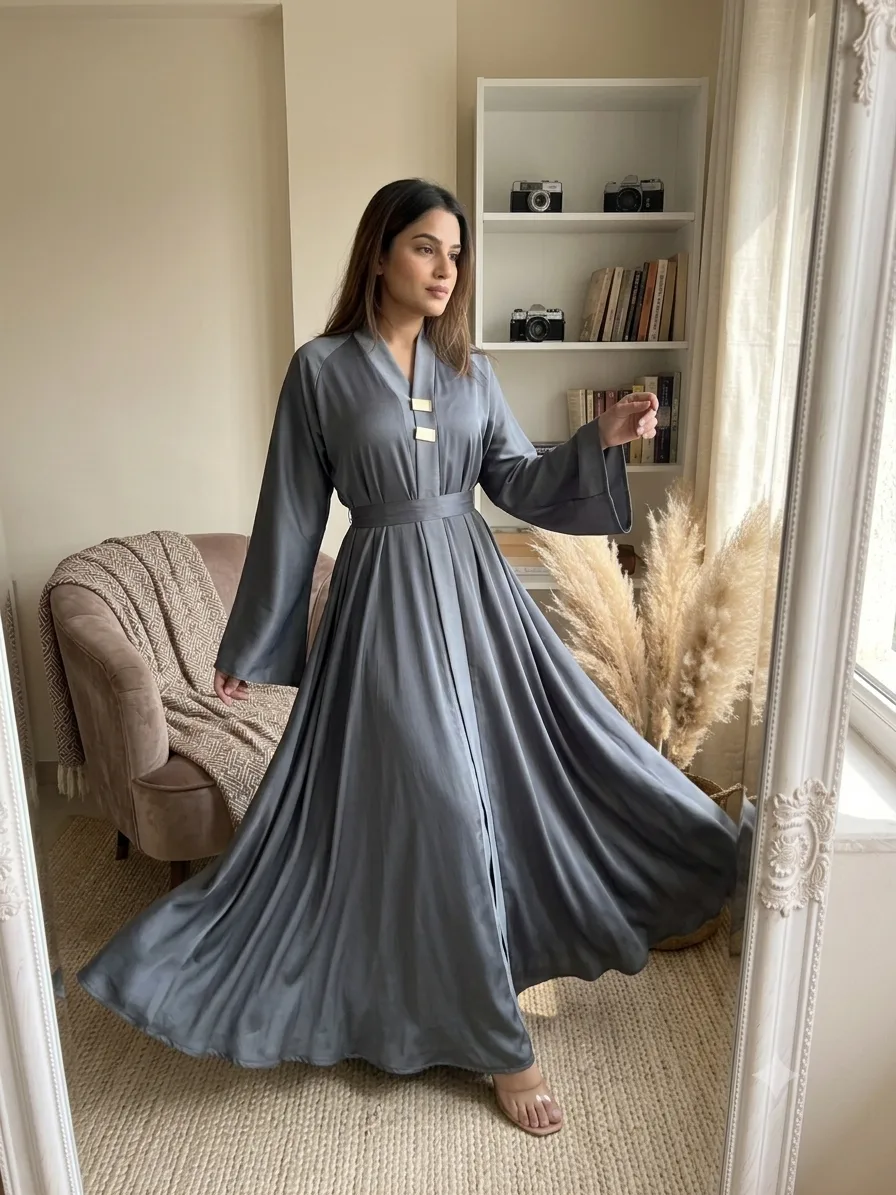 Slate Grey Satin Belted Abaya with Gold Bar Accents