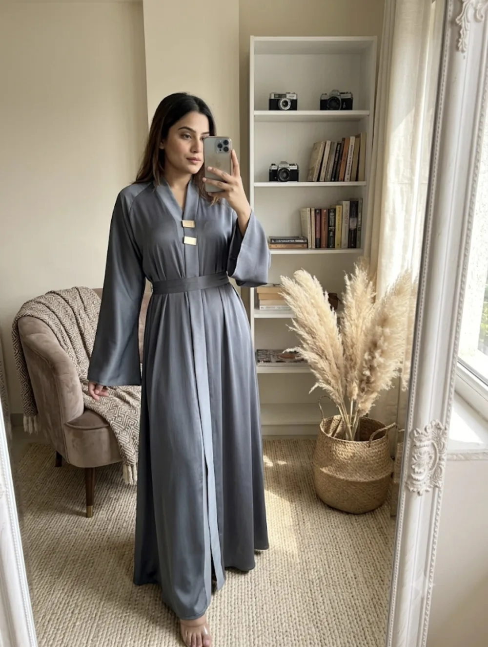 Slate Grey Satin Belted Abaya with Gold Bar Accents