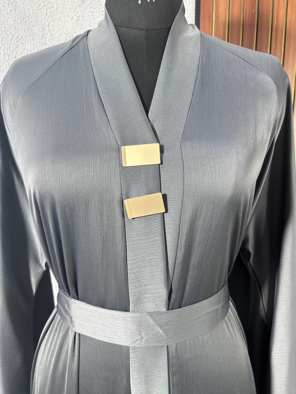 Slate Grey Satin Belted Abaya with Gold Bar Accents - Image 6 - Abaya Studio